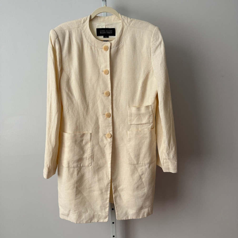 Linda Allard‎ Ellen Tracy 14 Cream Linen Blazer Longline Button Old Money Luxury